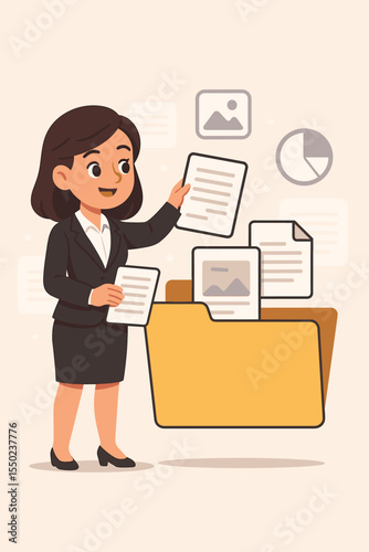 Efficient data management concept with a businesswoman sorting digital files. Office worker organizing documents and images into a large folder. Vector cartoon of file organization system.