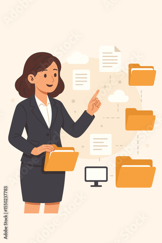 Businesswoman organizing digital files. Concept of efficient data management, cloud computing document storage system. Female office worker and electronic archive cartoon vector.