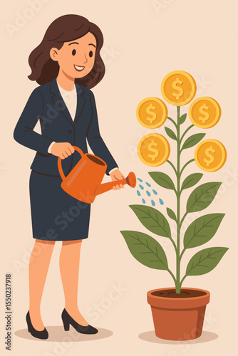 Businesswoman watering a money tree, a metaphor for financial investment and growth. Nurturing savings for future wealth, profit, and success. Economic development concept vector.