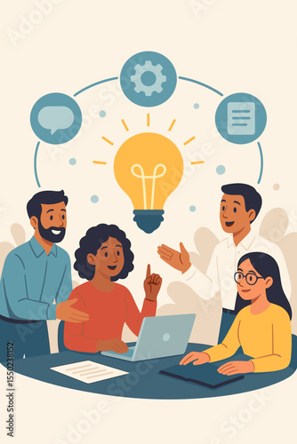 Collaboration and synergy concept with a diverse business team. Colleagues in a meeting brainstorming creative ideas. Teamwork, knowledge sharing, innovation, problem solving. Vector