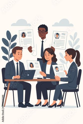 HR team reviewing resumes for employee selection. Concept of the hiring process, recruitment, and talent acquisition. Business committee choosing a candidate for a job vacancy. Vector.