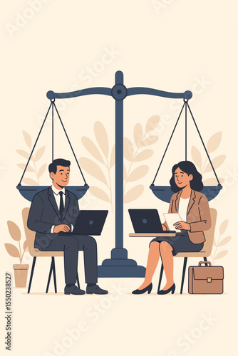Workplace gender equality concept. Businessman and businesswoman characters balanced on the scales of justice. Symbol of equal pay, fair career opportunities, and corporate diversity. Vector.