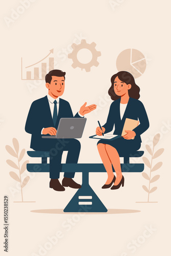 Gender equality concept with businessman and businesswoman sitting on a balanced scale. Equal opportunity and partnership in the workplace. Teamwork and collaboration metaphor vector.