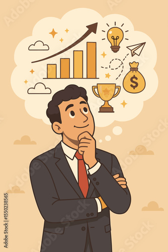 Businessman thinking about success, growth, and achievement. Vector concept of career goals, business strategy, innovation, investment, and future vision with thought bubble icons.