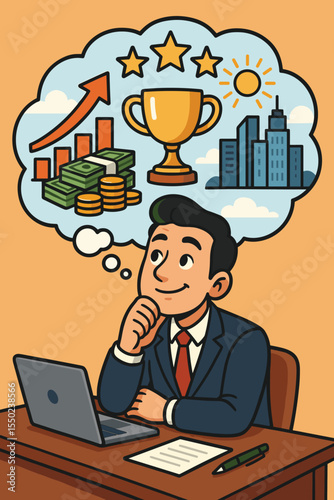 Businessman imagining success, visualizing future career goals. Business vision concept. Man thinking of wealth, financial growth chart, winning trophy award, company success. Motivation.