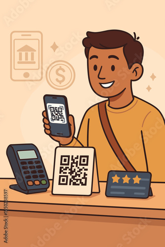 Customer scanning QR code for mobile payment with smartphone at store checkout. Concept of cashless transaction, contactless pay, digital banking, e-wallet, and fintech services.