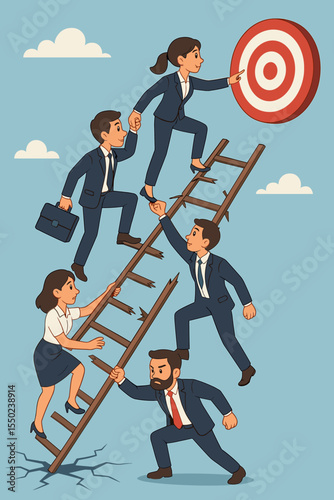 Teamwork and collaboration concept. Business people climbing a broken career ladder to reach a target. Metaphor for overcoming obstacles, problem solving, ambition, and goals.