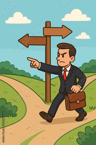 Determined businessman at a crossroads choosing a direction. Metaphor for career path, business strategy, and making decisions. Confident man pointing forward to a new future. Vector.