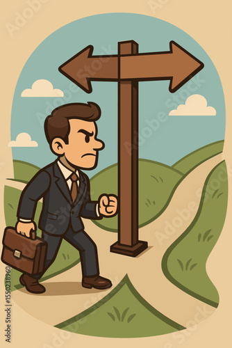 Businessman at a crossroads making a choice. Concept for decision, career path, business strategy, and dilemma. Determined man choosing a direction at a fork in the road. Vector cartoon.