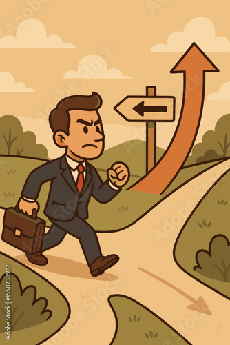 Businessman at a crossroads choosing between the easy way and the hard path to success. Metaphor for career decisions, perseverance, determination, ambition, and business strategy.