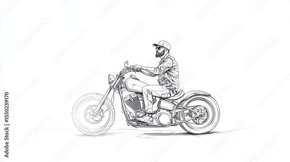 Fototapeta premium Stylish man riding a classic motorcycle in a minimalist black and white illustration
