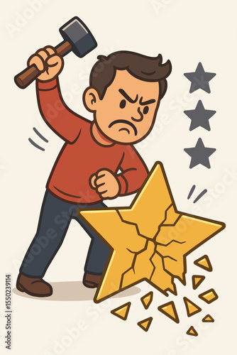 Angry customer smashes a rating star with a hammer. Negative feedback and bad review concept. Dissatisfied client giving a one star rating for poor service and bad quality.