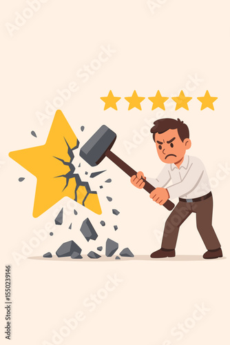 Bad review concept. Negative feedback. Customer dissatisfaction. Angry man smashes rating star with a hammer. Poor service experience. One star rating. Consumer complaint metaphor.