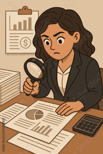 Female auditor examining financial documents with magnifying glass for accounting review. Business concept of tax audit, data inspection, compliance, and financial investigation.