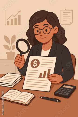 Female auditor examining financial documents with a magnifying glass. Accountant at her desk doing an accounting review, tax audit, and business analysis. Financial inspection vector concept.