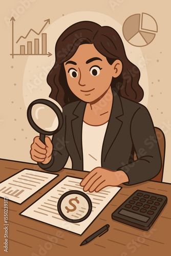 Financial audit concept. Female auditor or accountant examining documents with a magnifying glass. Business analysis, tax inspection, and budget review. Woman analyzing data. Vector.