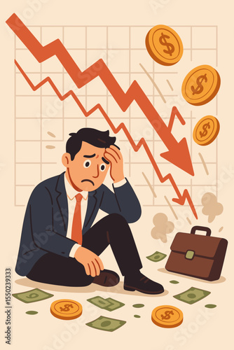 Financial crisis concept with a stressed businessman. Stock market crash, money loss, and bankruptcy. Sad investor in despair from economic recession and investment failure.