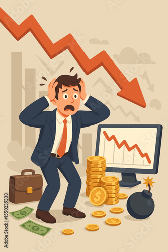Financial crisis and stock market crash concept with stressed businessman, declining graph, money loss, risky investment, economic downturn, financial risk, business bankruptcy vector illustration