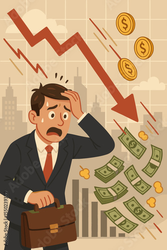 Financial crisis concept with a panicked businessman losing money. Stock market crash and economic recession vector illustration. Stressed investor shocked by chart drop, bankruptcy.