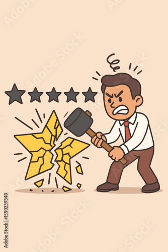 Angry customer giving a one star review. Frustrated man with hammer destroying rating star. Bad feedback concept. Customer dissatisfaction, negative experience, poor service.