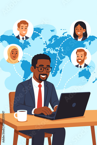 Global business concept with diverse team on video conference. Businessman working remotely on laptop, connecting with international colleagues. Online meeting and collaboration. Vector.
