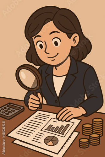 Female auditor with magnifying glass examines financial documents. Accountant reviewing business report, charts, and graphs. Financial audit, analysis, and bookkeeping concept.