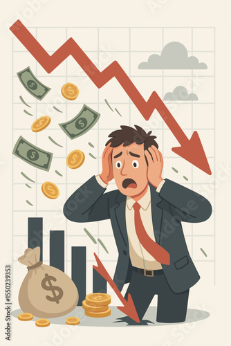 Financial crisis. Stock market crash. Stressed businessman in panic from money loss. Economic recession. Investment risk concept. Trader failure. Red arrow graph down. Bankruptcy.