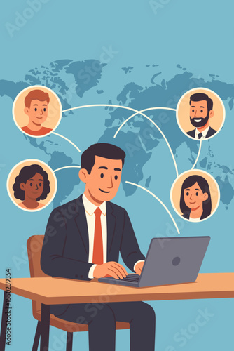 Global business communication concept. Businessman working remotely on laptop, connecting with diverse international team. Online meeting, video conference, global collaboration vector.