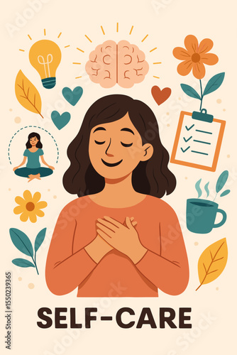 Happy woman practicing self-care for mental health, positive thinking. Psychology concept for anxiety and stress relief. Vector illustration with brain, meditation, checklist and icons.