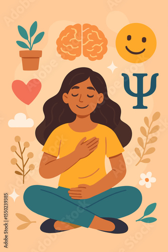 Mental health and psychology concept. Woman practicing mindfulness meditation for self-care and emotional well-being. Stress relief, harmony and balance for a healthy mind and body.