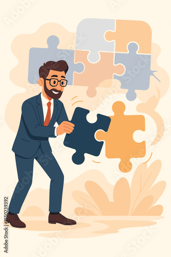 Businessman assembling puzzle concept for business solution. Man finds last piece for creative problem solving. Strategy, teamwork, and innovation metaphor. Vector illustration.