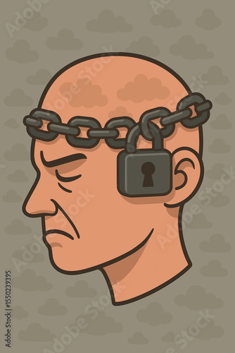 Metaphor for fixed mindset and mental block. Human head locked with a chain and padlock, symbolizing negative thinking, limited creativity. Psychology concept of a trapped mind. Vector.