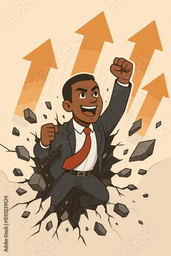 Breakthrough concept. Determined black businessman smashes through a wall, overcoming obstacles. Upward arrows symbolize business growth, success, and ambition. Vector cartoon illustration.