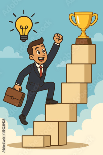 Concept of business success, ambition, and achievement. Motivated businessman with an idea climbing stairs to reach a goal. Career growth and development vector illustration.
