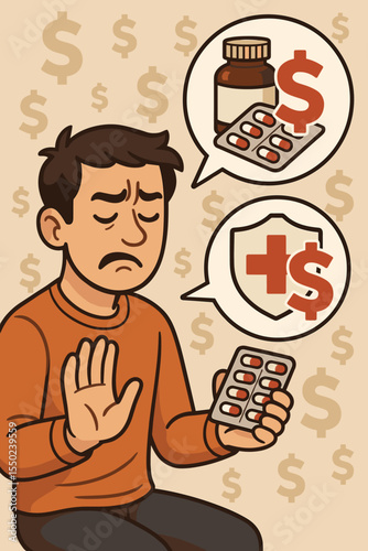 Man Rejects Expensive Medication High Drug Prices Critique, Healthcare Insurance Cost Barrier, Hand Gesture Stop, Pills and Money Symbol, Medical Expenses Problem, Vector Cartoon Illustration