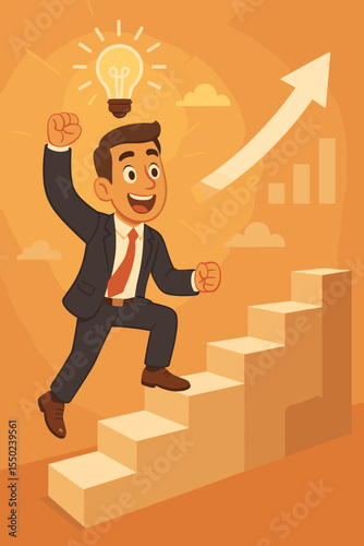 Businessman climbing the career ladder stairs to success, symbolizing growth, ambition, and achievement. Character with a lightbulb idea representing innovation and motivation.