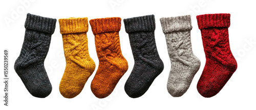 Cozy Winter Hand-Knitted Woolen Socks Delight on transparent background. cut flower elements, garden themed designs. Top view high quality PNG.