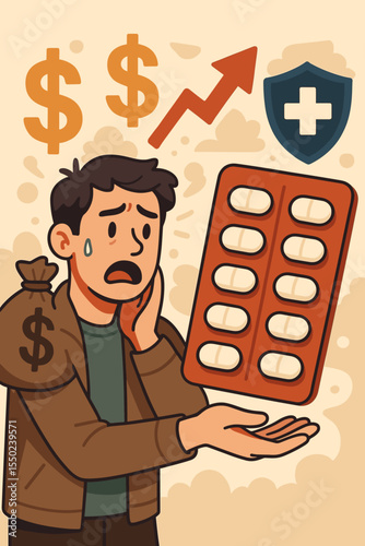 Stressed man burdened by expensive medication cost, dollar signs, rising healthcare insurance price, pharmacy pills, financial crisis, medical expenses, cartoon vector illustration concept