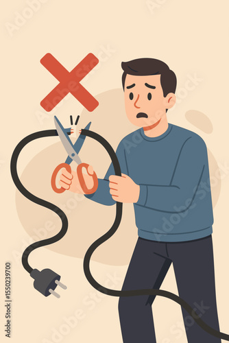 Man Cutting Electric Power Cable with Scissors, Warning Symbol, Danger, Power Disconnection, Connection Error, Internet Failure, 404 Page Not Found, Safety Hazard, Flat Vector Illustration