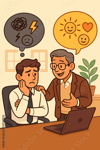 Mentor Encouraging Employee to Overcome Negative Thoughts, Promoting Positive Mindset and Mental Wellbeing at Work. Office Support, Stress Relief, Motivation, Team Guidance. Vector Illustration