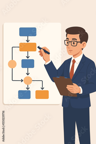 Business Manager Planning Workflow Process Chart, Analyzing System Structure, Strategy Development, Team Leadership, Office Presentation, Flowchart, Corporate Decision Making, Vector Illustration