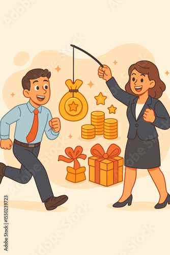 Business Motivation Incentives Concept. Cartoon Manager Offering Rewards and Gifts to Motivate Employee. Workplace Engagement, Performance Bonus, Salary Increase, Recognition, Corporate Success Vector