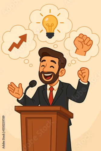 Motivational speaker delivering inspiring speech at podium, cartoon businessman presenting ideas with thought bubbles of lightbulb, growth arrow, strength fist, leadership, public speaking concept