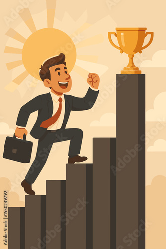 Ambitious Businessman Climbing Success Steps Toward Trophy. Motivation, Achievement, Career Growth, Leadership, Professional Ambition Concept. Inspirational Vector Illustration. No Text