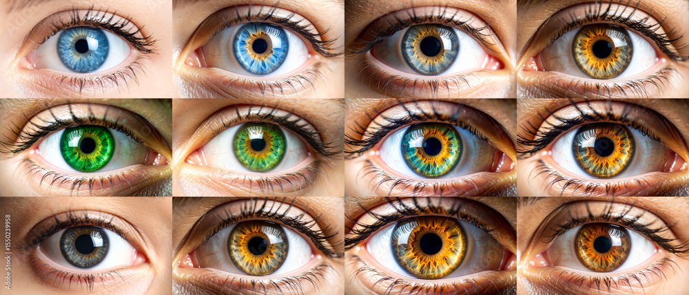 Fototapeta premium Twelve human eyes with distinct iris colors, arranged in a striking composition. A vivid representation of diversity, individuality, and the beauty of human variation.