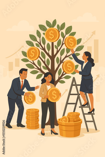 Business team harvesting coins from money tree for investment growth, financial success, wealth management, profit strategy, teamwork concept. Economic prosperity vector illustration