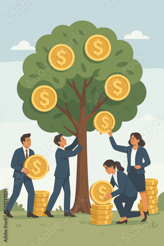 Business people harvesting coins from money tree. Financial growth, investment success, wealth management concept. Teamwork, profit, corporate strategy. Vector illustration for finance and business.