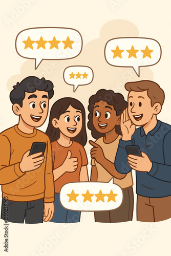 Diverse group sharing online product reviews, word of mouth marketing, customer feedback, social media star ratings, recommending services, digital communication, peer influence concept