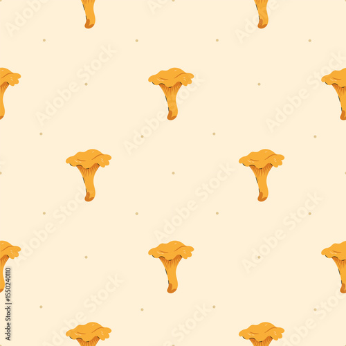 Seamless pattern with hand-drawn golden chanterelle mushrooms on a light beige background. Ideal for autumn textiles, forest