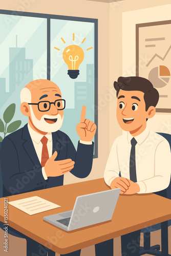 Senior executive mentoring young colleague, sharing innovative business ideas, teamwork collaboration, problem solving, brainstorming strategy in modern office, vector cartoon illustration